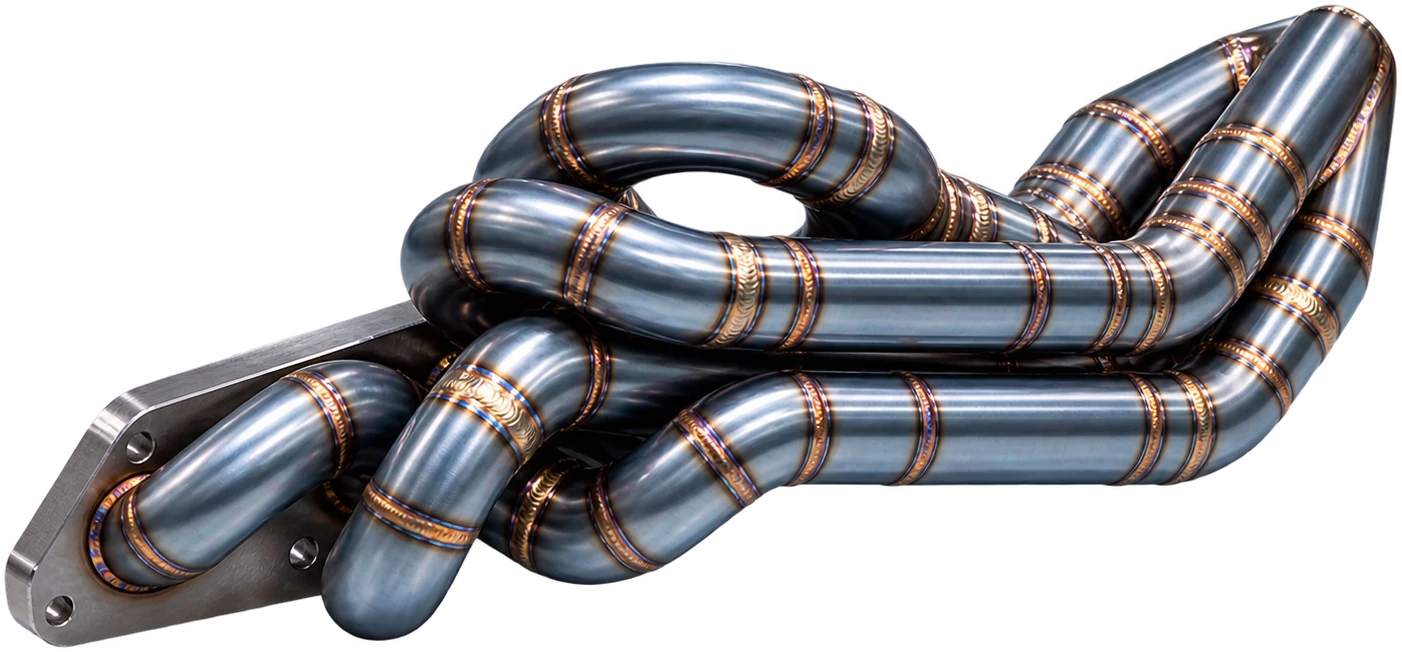 Deutsch Performance stainless steel turbo manifold, four runners converging into a single collector